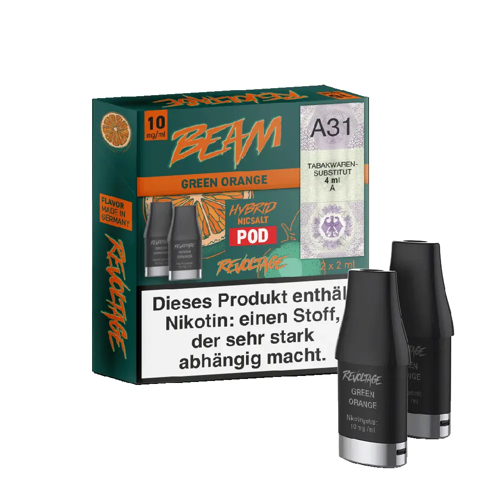 revoltage-beam-pod-green-orange-10mg-hybrid-nikotinsalz-2ml.webp Revoltage Beam Pod - Green Orange - 10mg Hybrid Nikotinsalz 2ml - Image 1